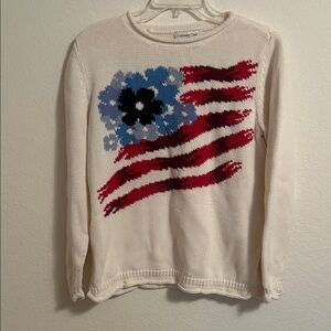 Coldwater Creek Cream Sweatshirt with Red and Blue Pattern